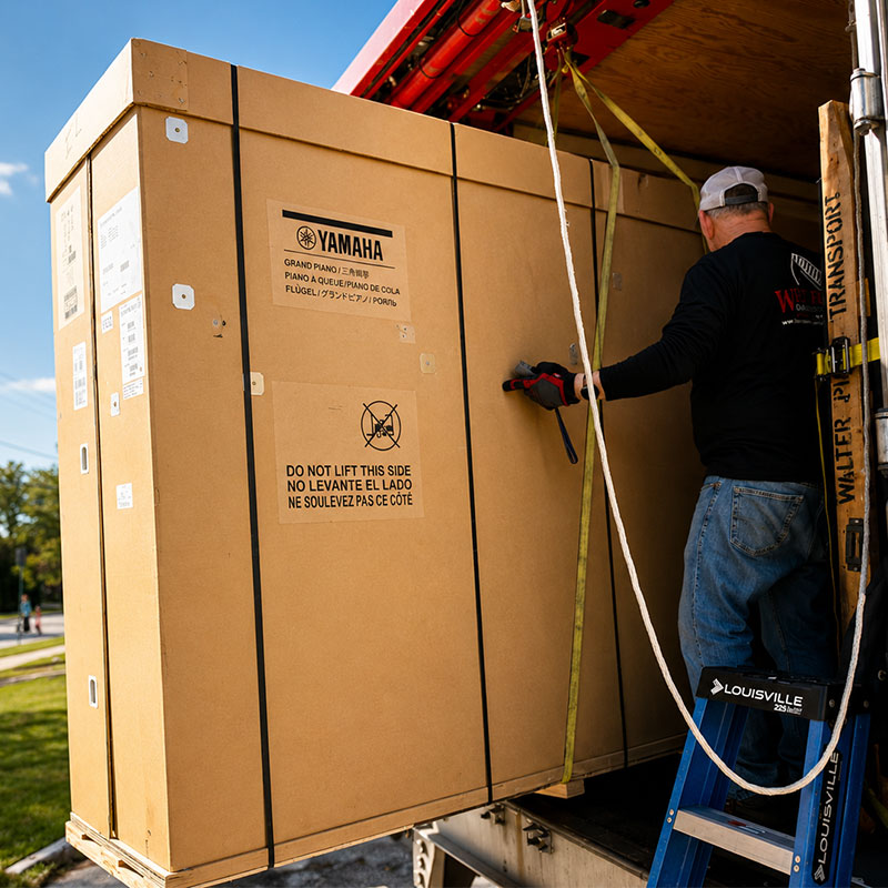 Professional piano movers handling a grand piano